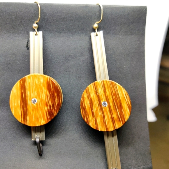 Laminated zebrawood and pine earrings on Aluminum with flat set cubic … main image 1